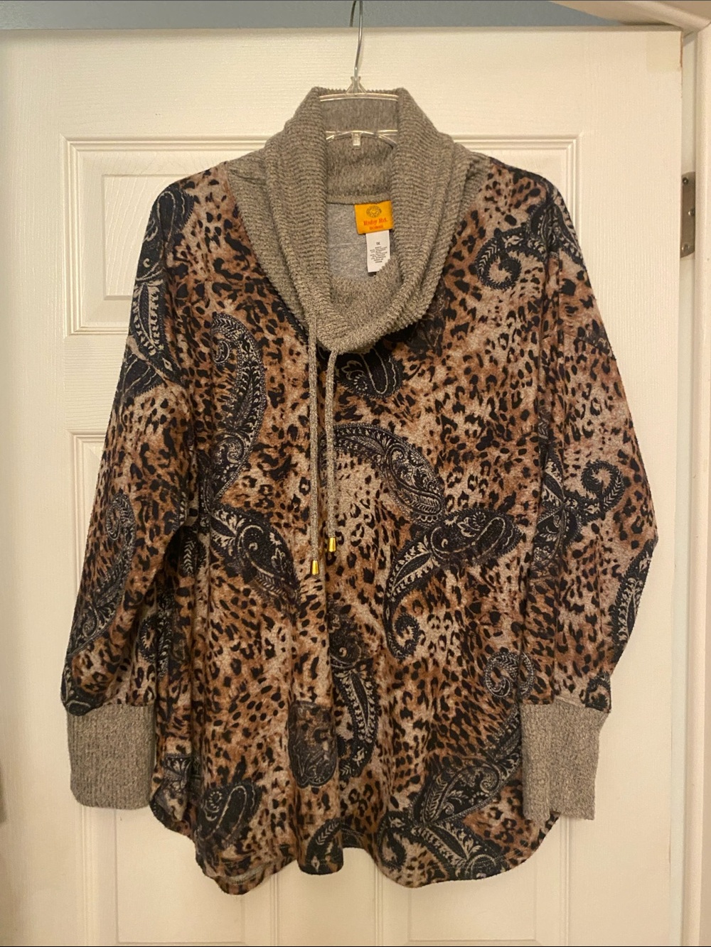 Ruby Rd. Paisley & Leopard Shawl-Collar Sweater in Brown and Navy